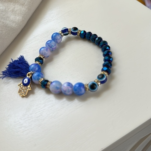 Evil eye bracelet NEW stretch beaded tassel blue marble Hamsa - Picture 3 of 3